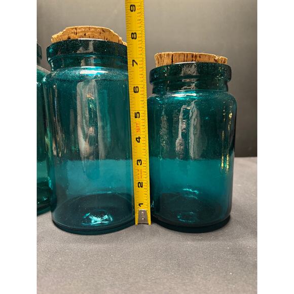 Set of 3 Vintage Teal Glass Jars with Original Cork Stoppers–6.5", 7.5", 8" Tall - Picture 12 of 12